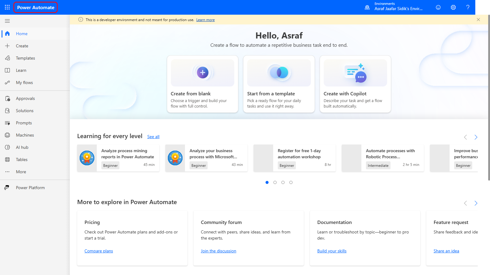 Power Automate home page after sign-in with the product name at the upper left