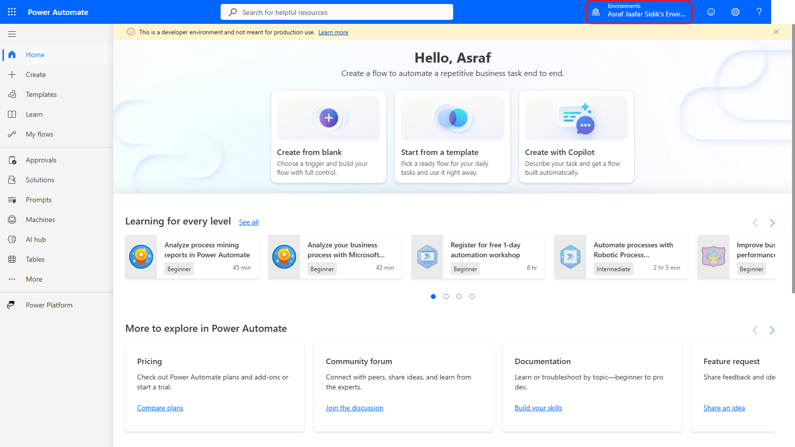 The Environments selector at the top right of Power Automate showing the current environment