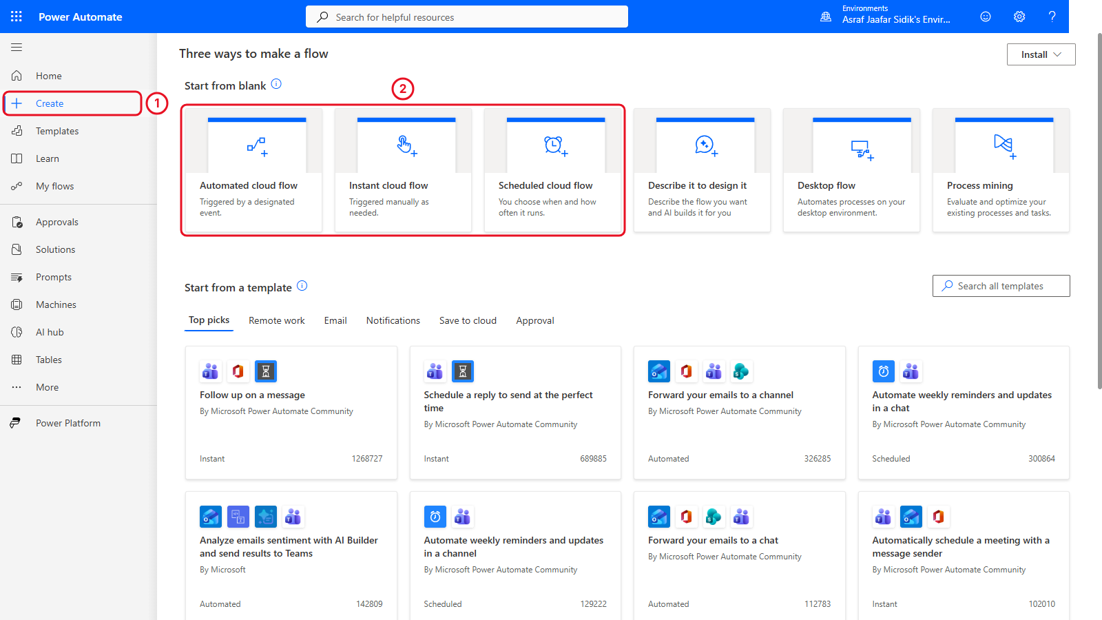 The Create page with the six Start from blank tiles