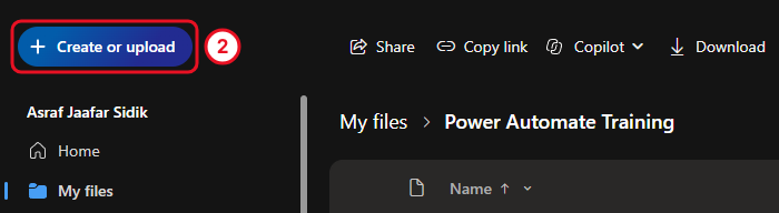 The Create or upload button at the top left of OneDrive