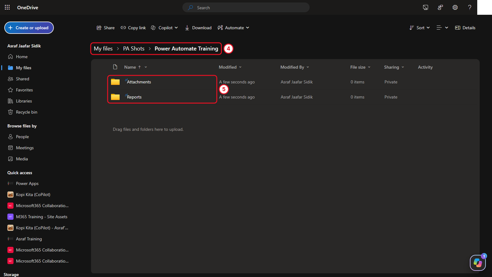 OneDrive showing the Attachments and Reports folders inside Power Automate Training