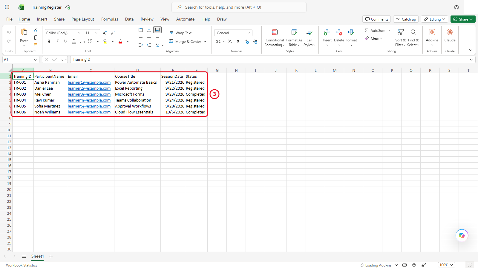 Excel for the web with the six column headers and six fictional rows