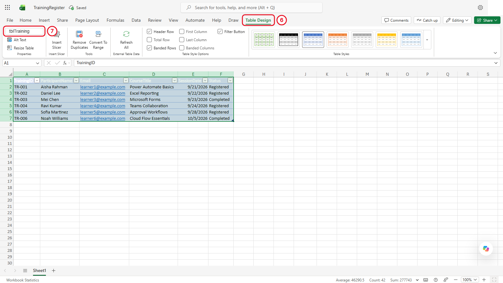 Table Design tab in Excel for the web with the table name set to tblTraining