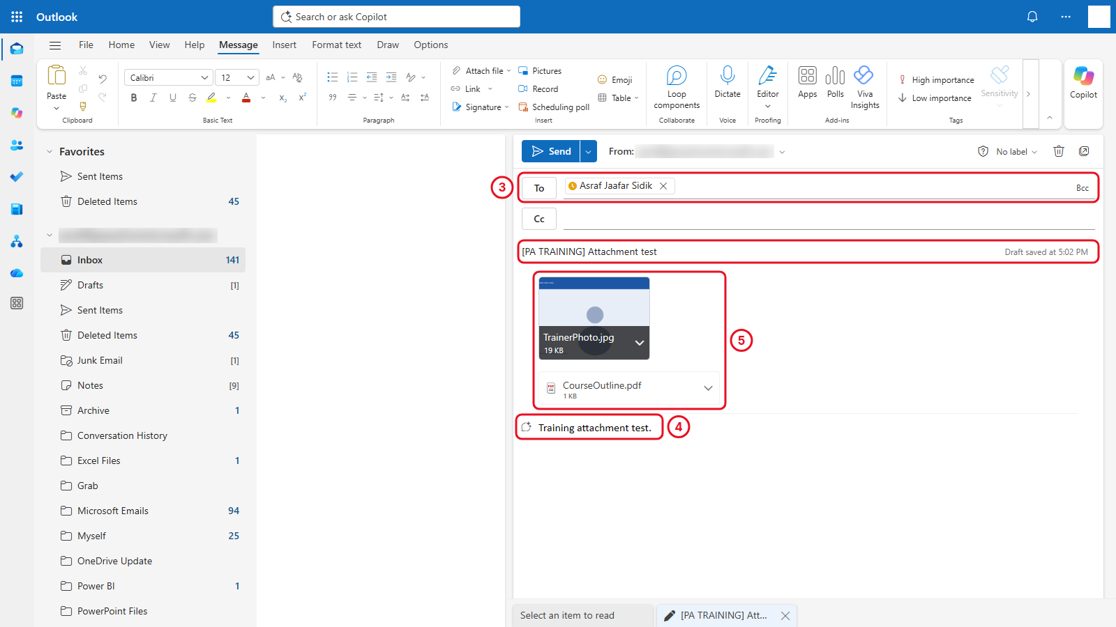 Outlook on the web draft with subject PA TRAINING Attachment test and two attachments
