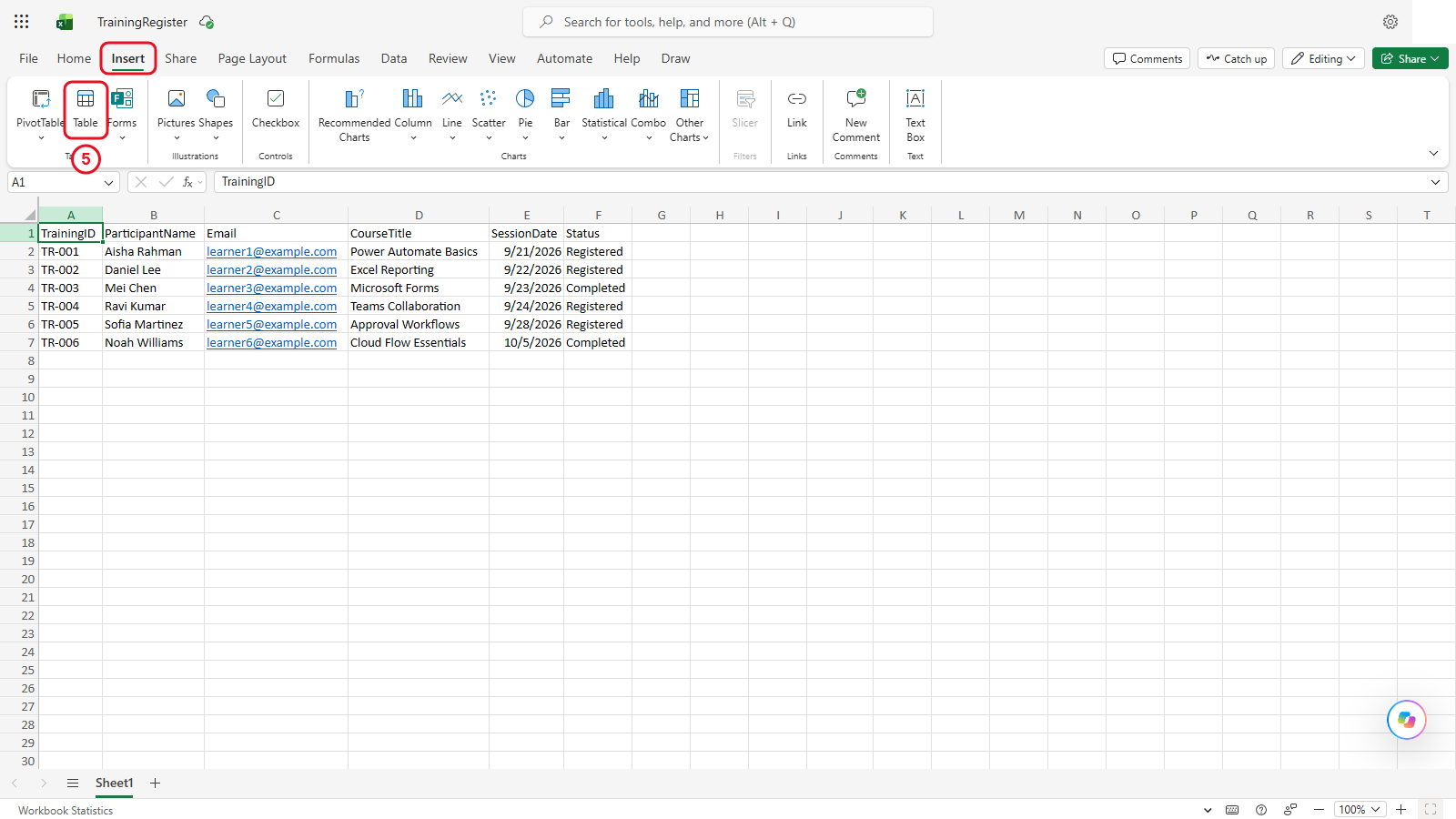 The Insert tab on the Excel for the web ribbon
