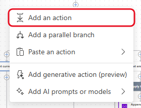 The + menu with Add an action at the top