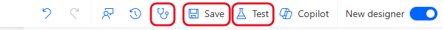 The designer toolbar with the Flow checker icon, Save and Test boxed