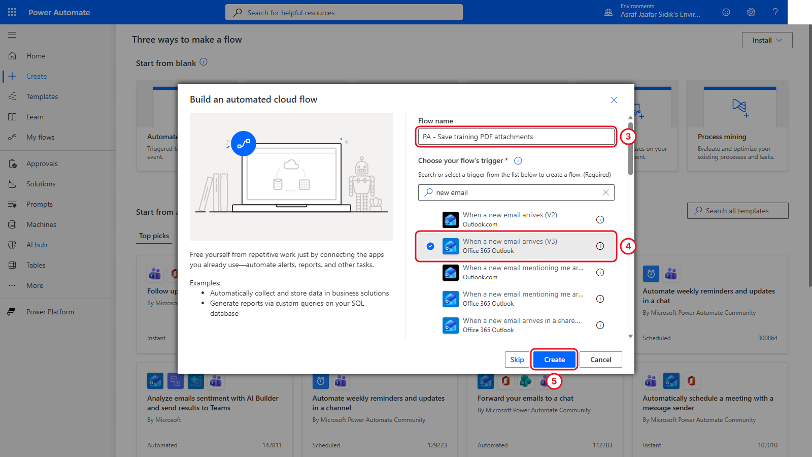 Build an automated cloud flow dialog with the flow name entered and When a new email arrives (V3) selected