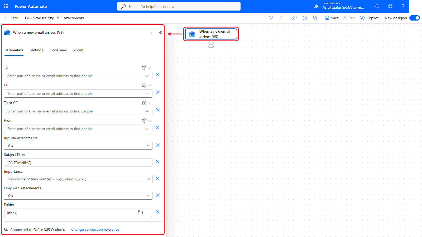 Your flow so far after 3.2: the settings panel on the left and the canvas on the right