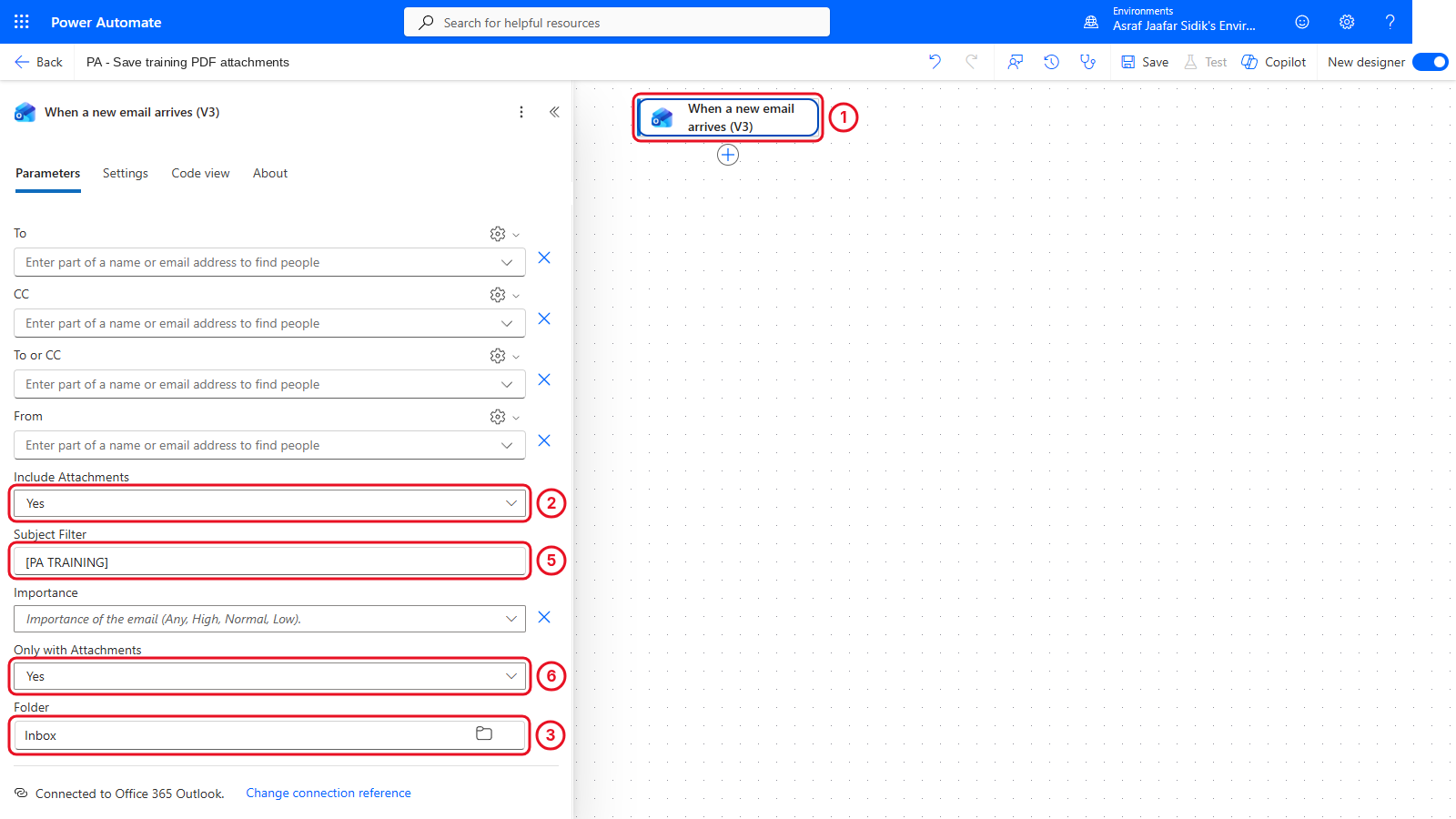 Trigger Parameters tab with Include Attachments Yes, Folder Inbox, Subject Filter PA TRAINING and Only with Attachments Yes