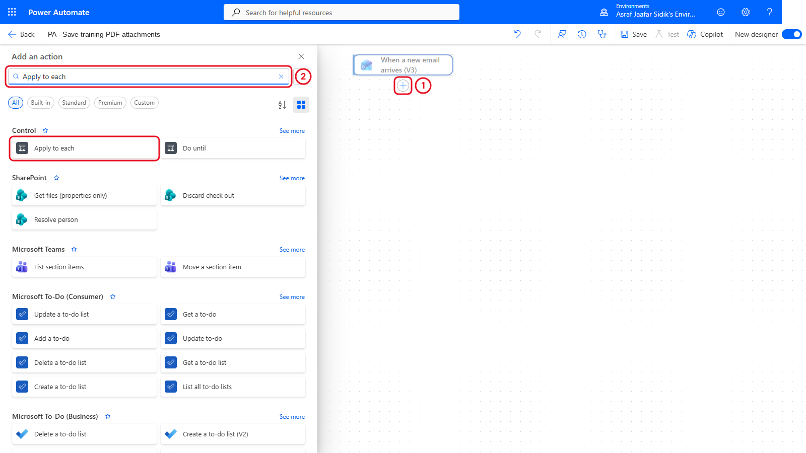 Add an action panel with Apply to each typed in the search box and Apply to each listed under Control