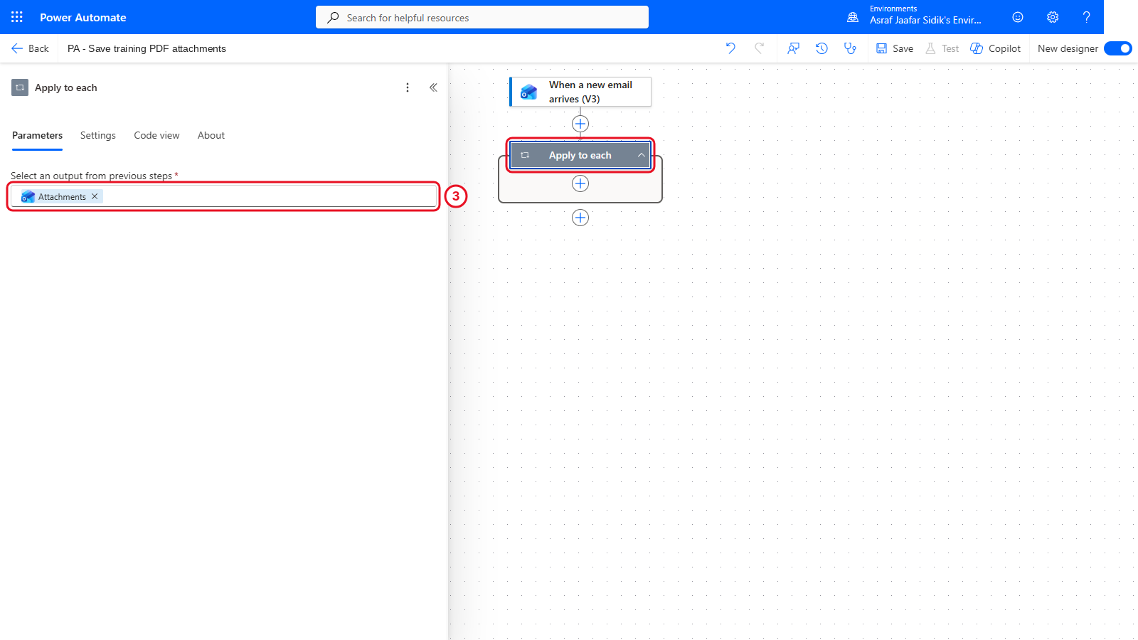Apply to each with the Attachments token in Select an output from previous steps