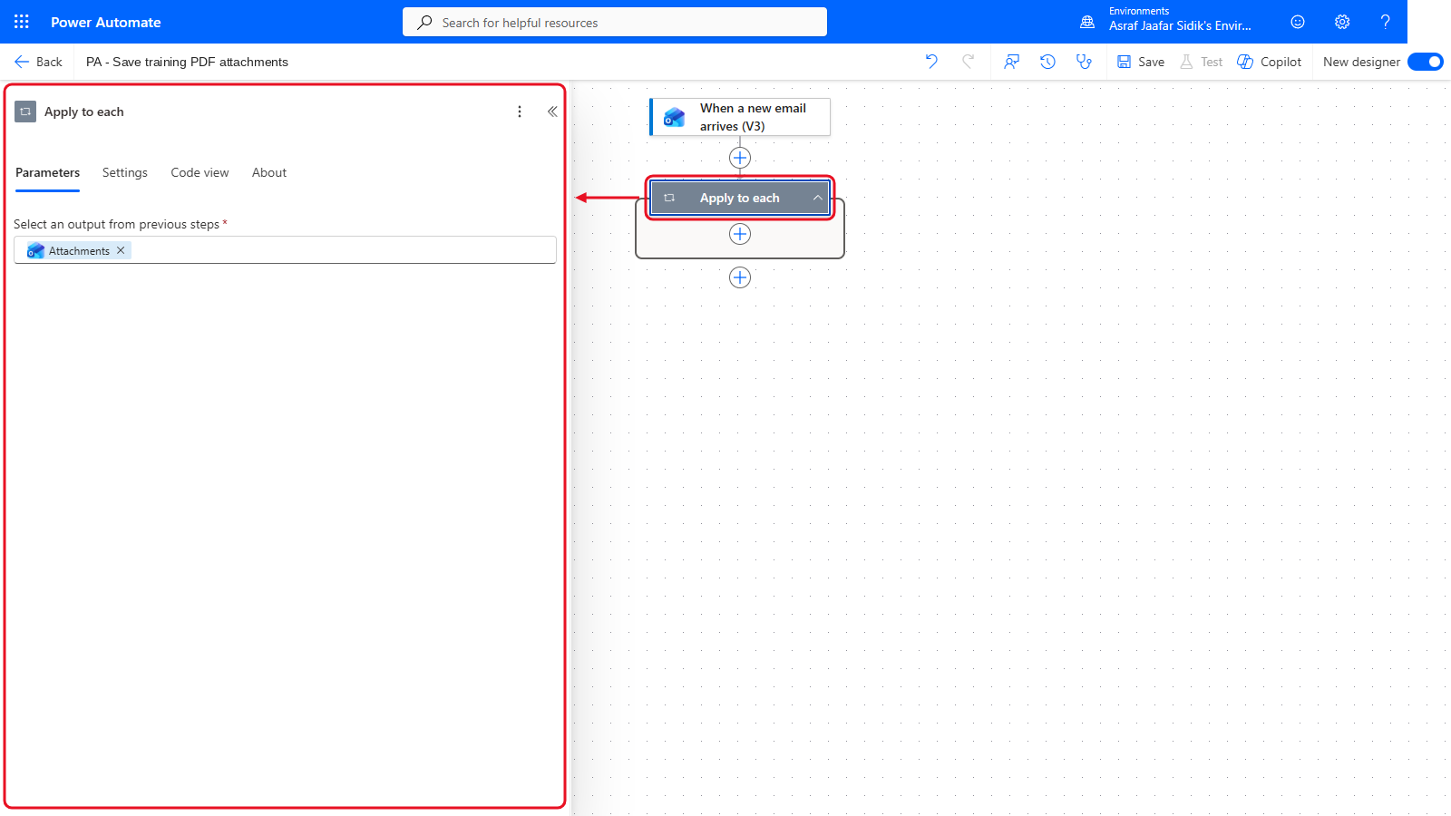 Your flow so far after 3.3: the settings panel on the left and the canvas on the right