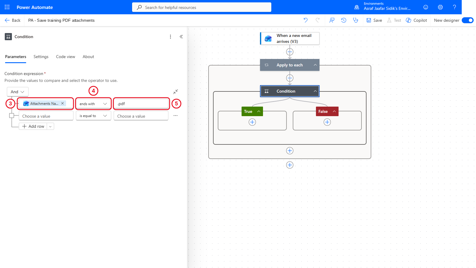 Condition inside Apply to each: Attachments Name, ends with, .pdf