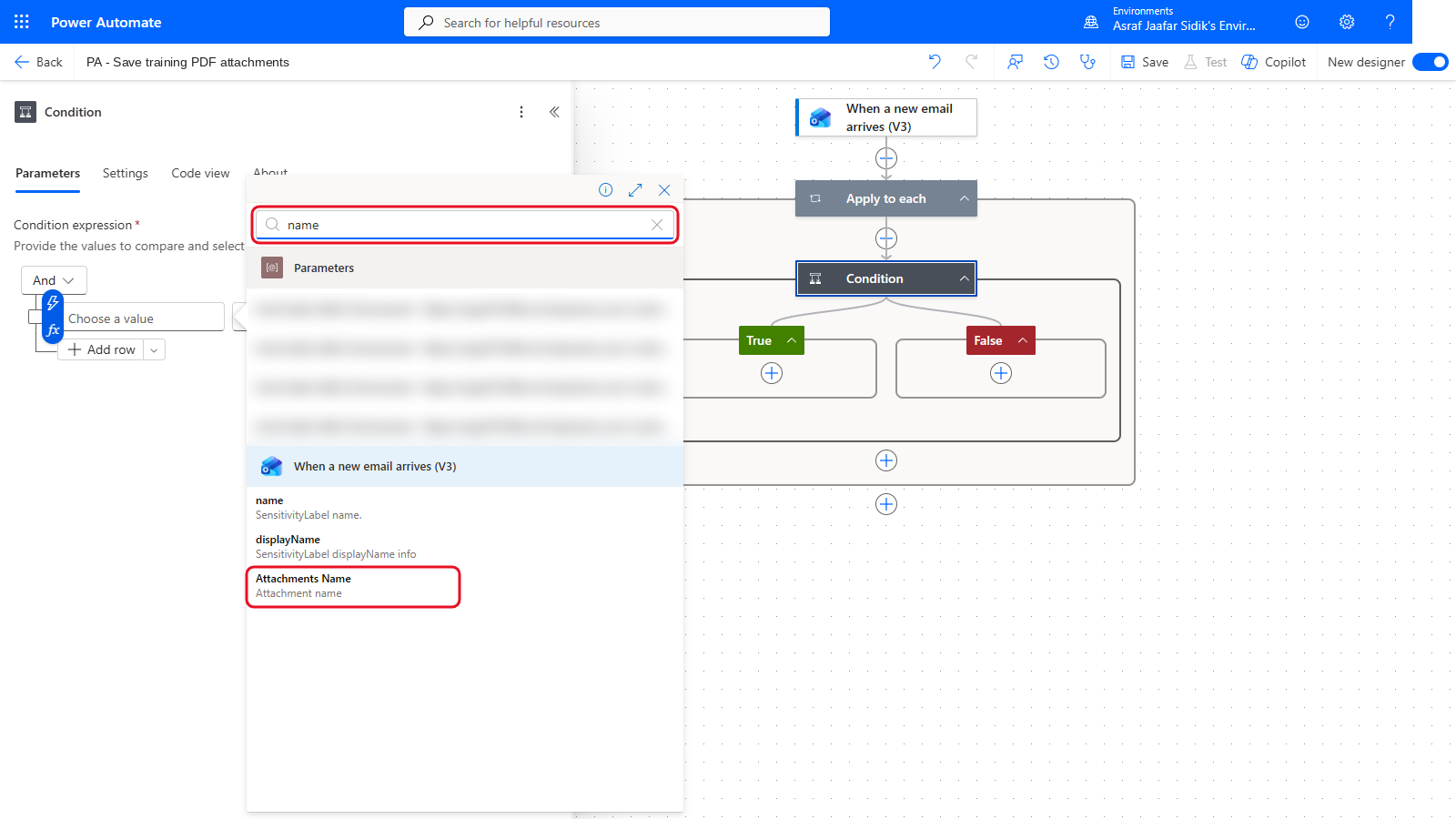 The picker search box with name typed and Attachments Name in the results