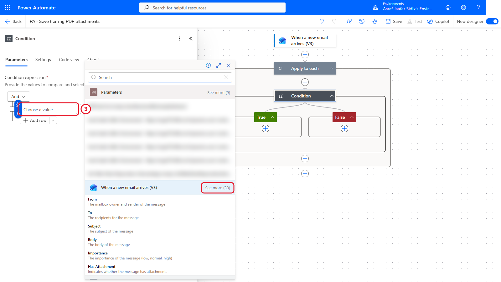 Dynamic content picker with See more boxed beside When a new email arrives (V3)