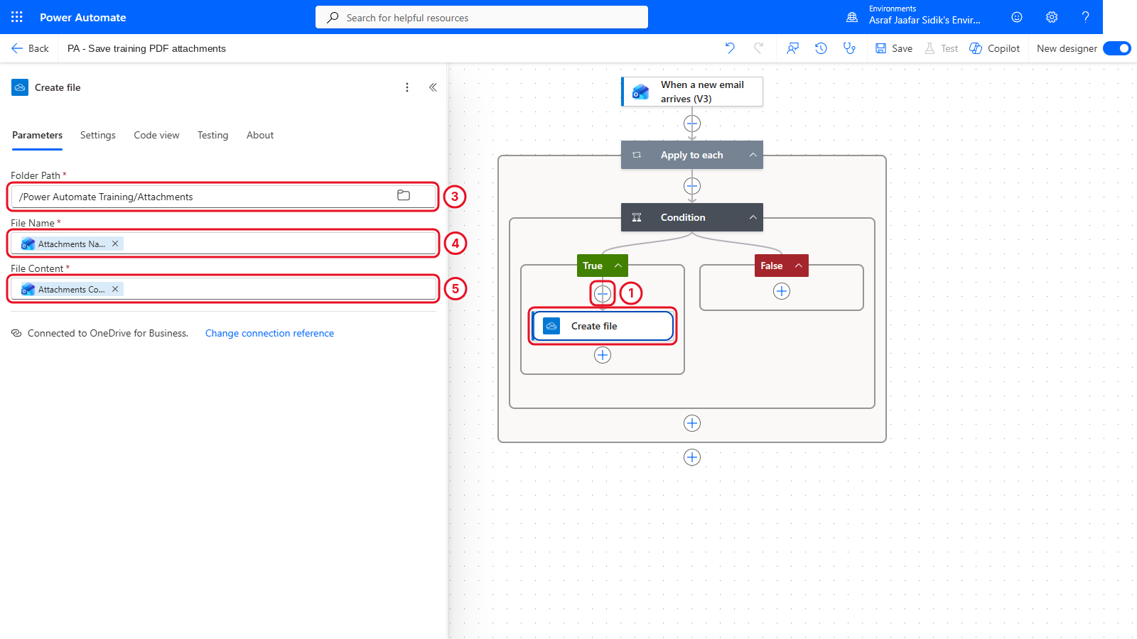Create file in the True branch with Folder Path, File Name set to Attachments Name, and File Content set to Attachments Content