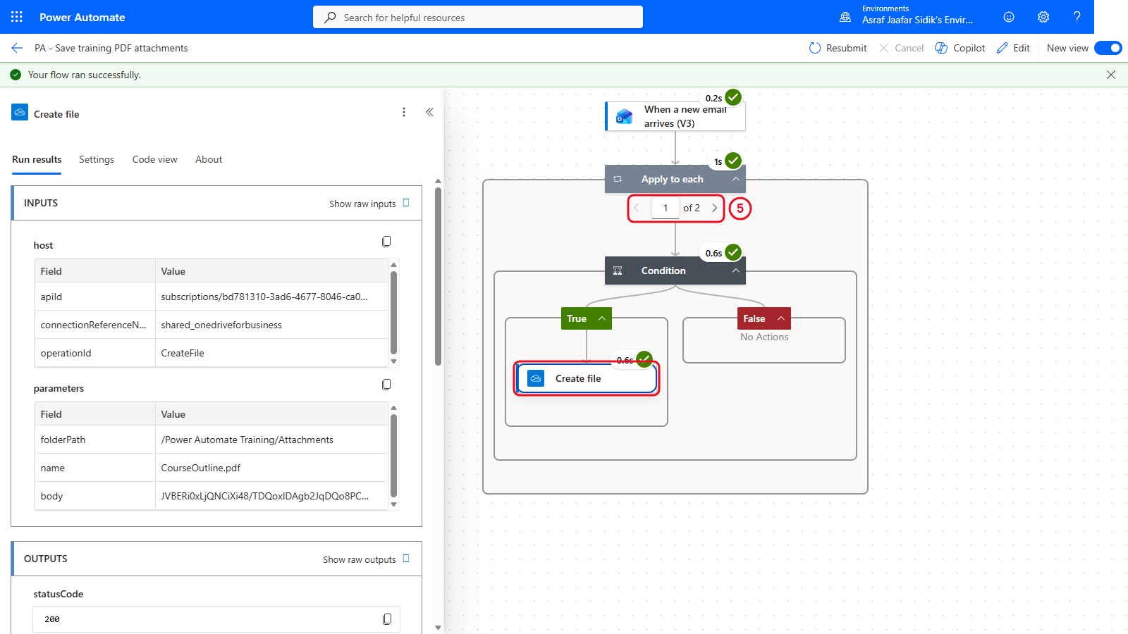 Completed run with green ticks, Apply to each showing 1 of 2, and Create file succeeded