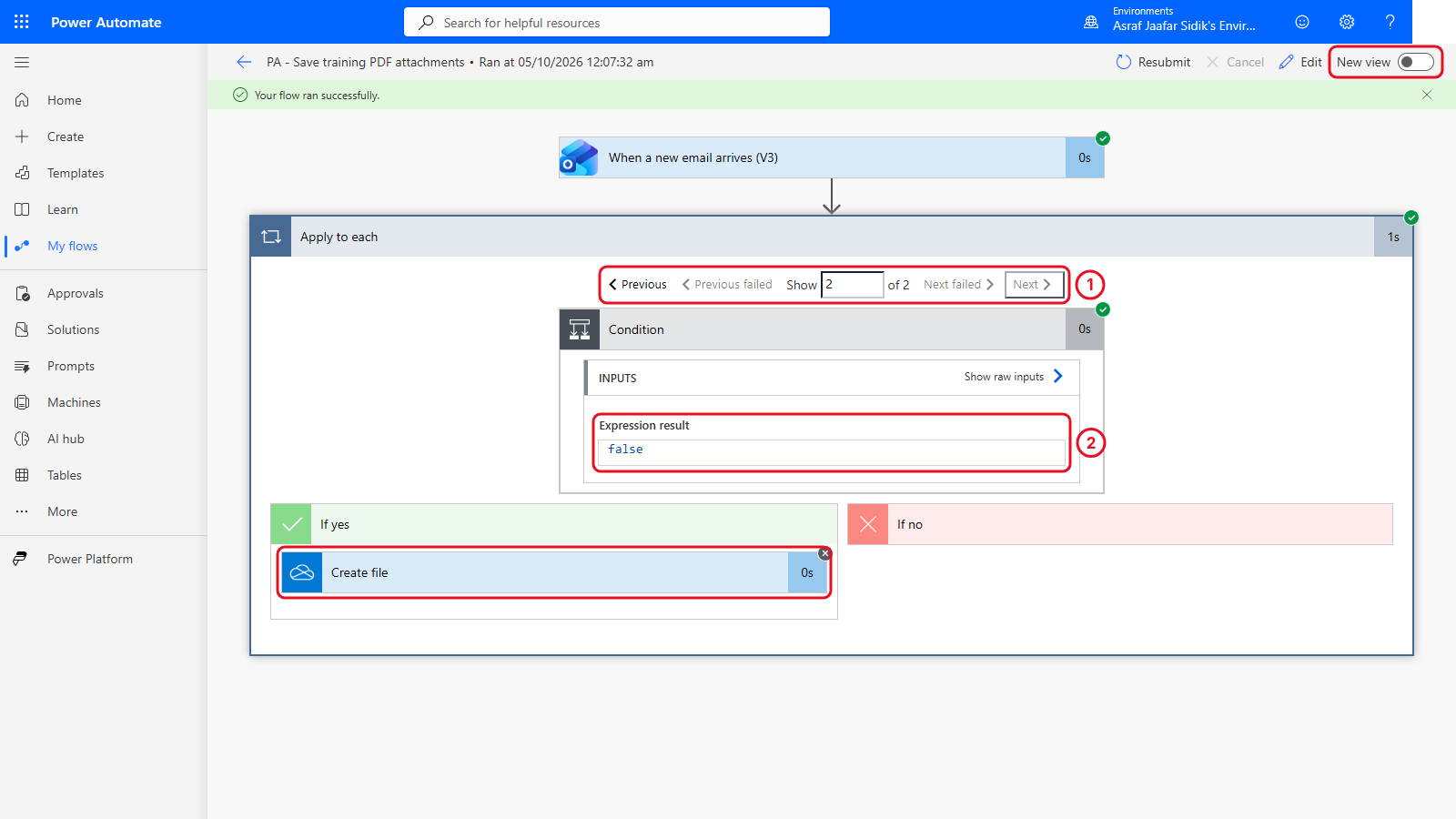 Classic run view: iteration 2 of 2, Expression result false, and Create file skipped under If yes