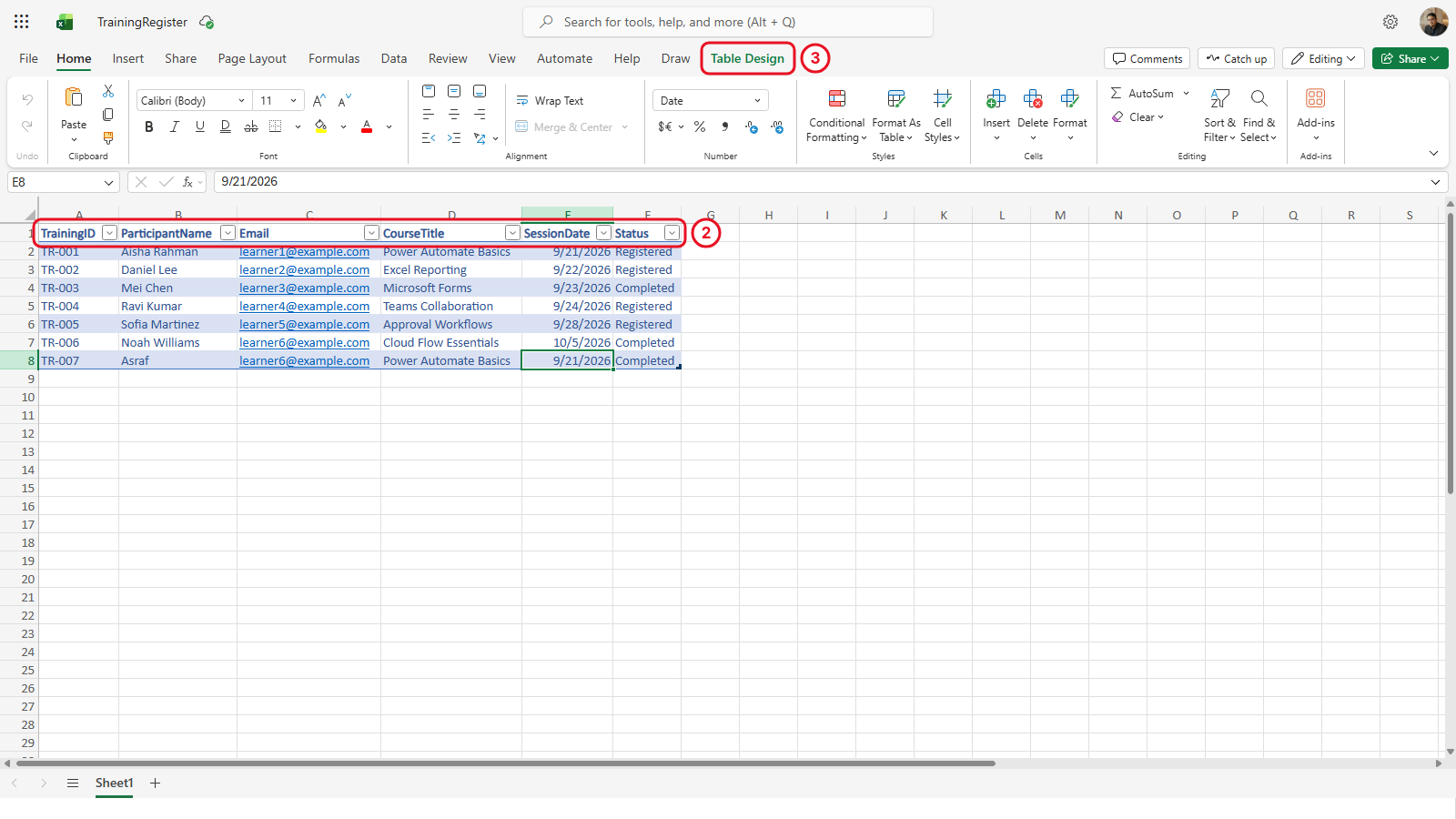Excel for the web with a cell selected in tblTraining and the Table Design tab showing the table name