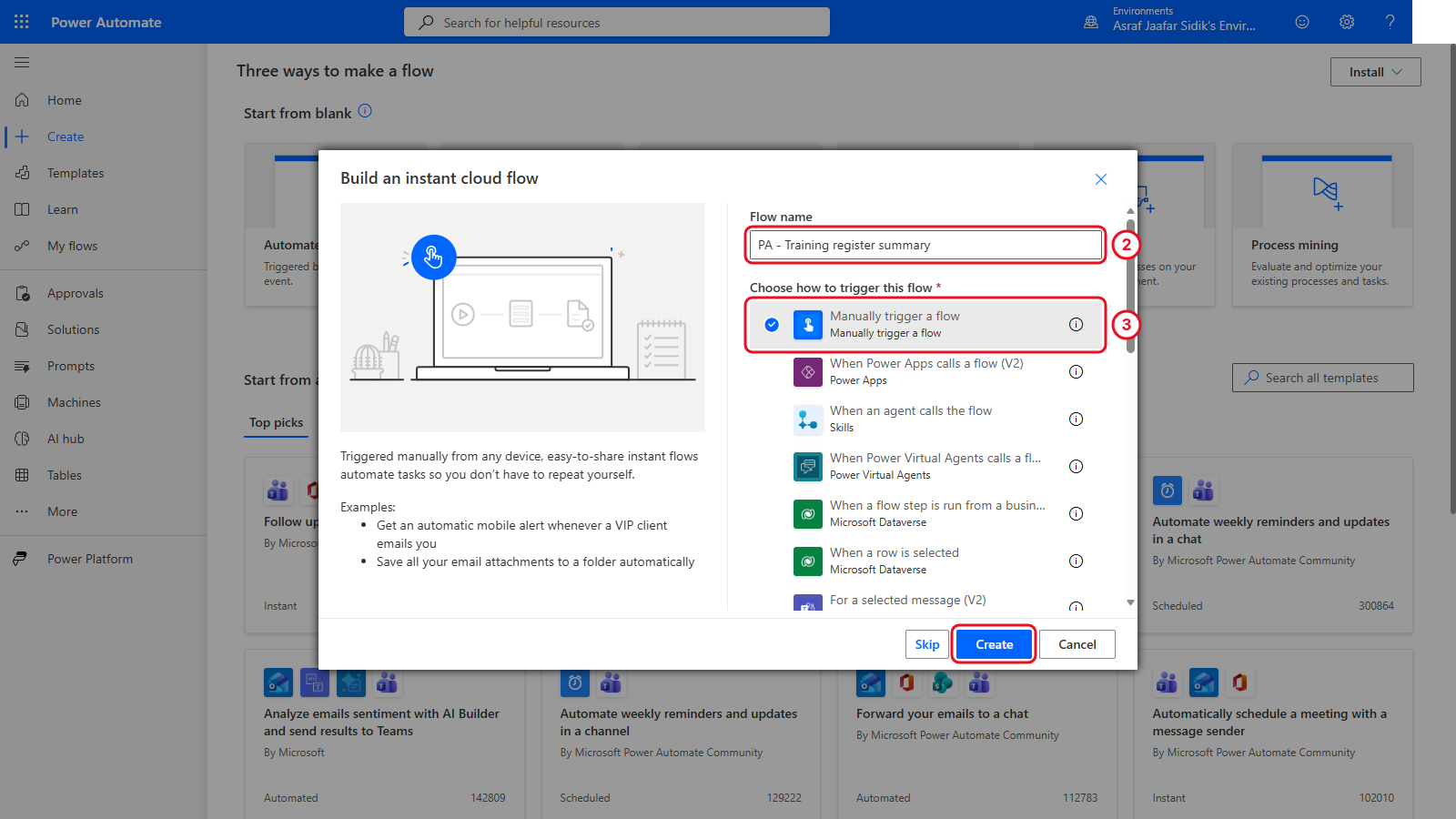 Build an instant cloud flow dialog with the flow name entered and Manually trigger a flow selected
