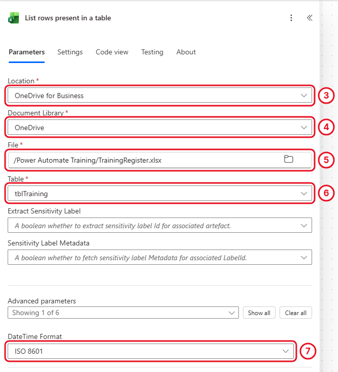 List rows present in a table with Location, Document Library, File, Table tblTraining and DateTime Format ISO 8601