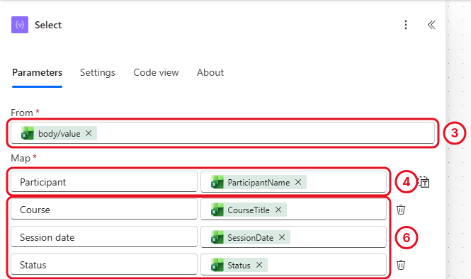 Select action with From set to the Excel value and four key and value rows mapped with dynamic content
