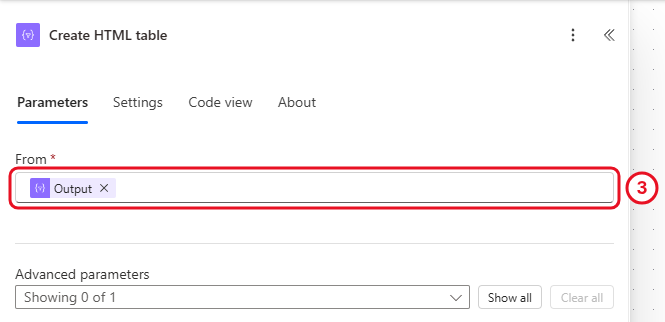 Create HTML table with From set to the Output of Select