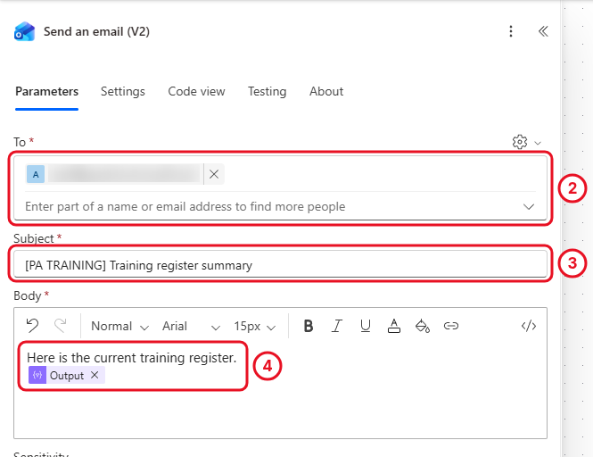 Send an email (V2) with To, Subject, and the Body containing an introduction and the Create HTML table Output token