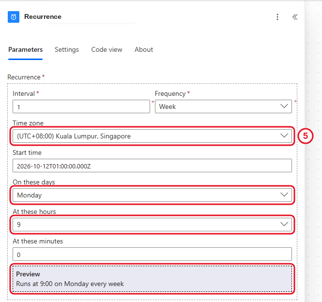 Recurrence settings with the Kuala Lumpur time zone and a preview reading Runs at 9:00 on Monday every week