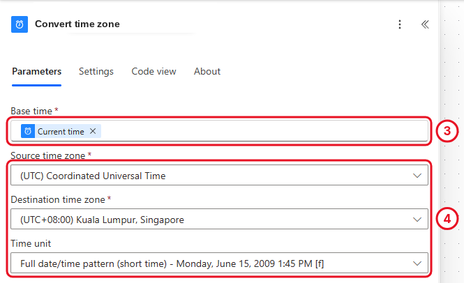 Convert time zone with Base time set to Current time, UTC to Kuala Lumpur, and the Full date/time pattern (short time) format