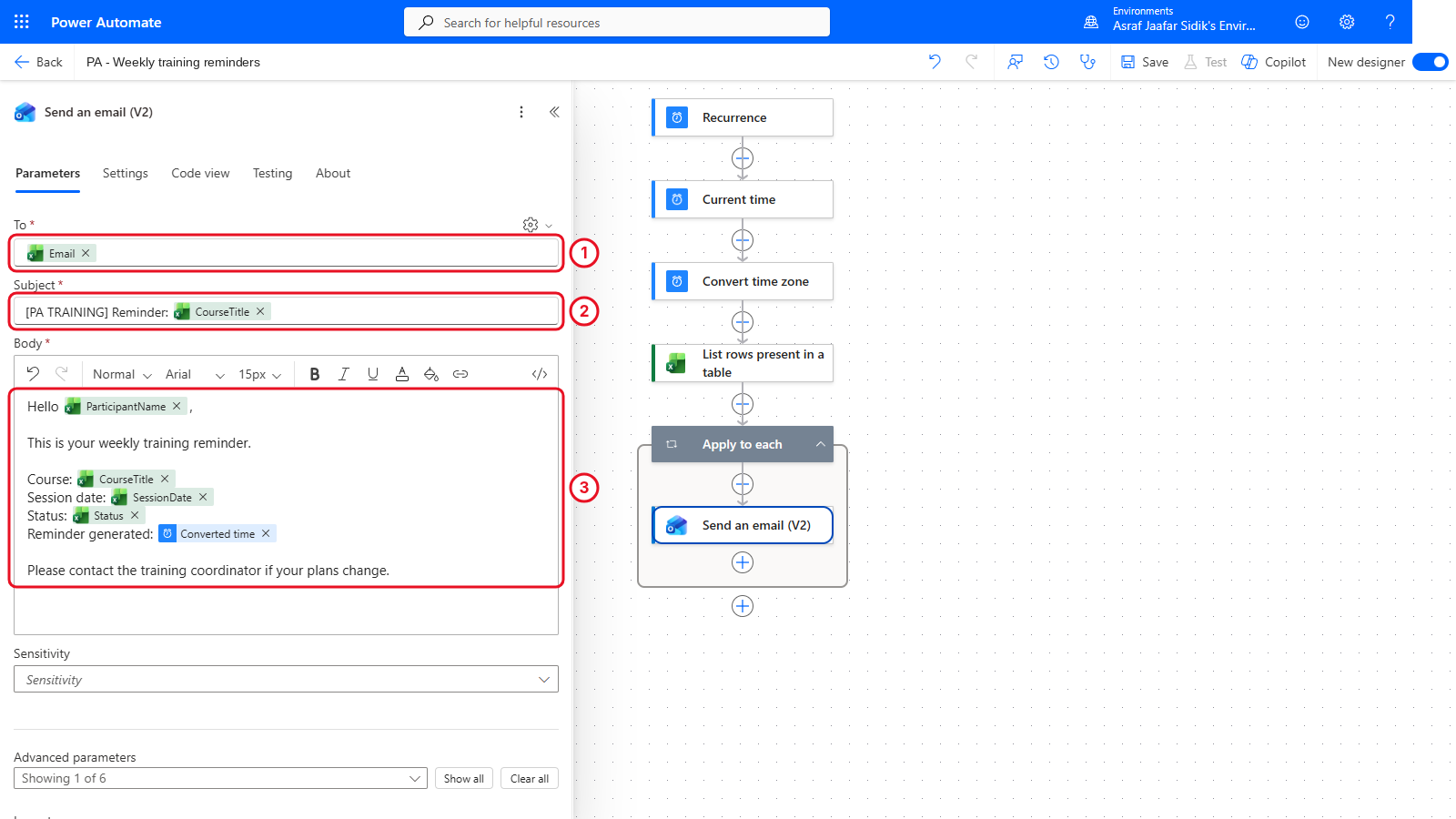 Send an email (V2) with the Email token in To, a subject with CourseTitle, and the body text with tokens