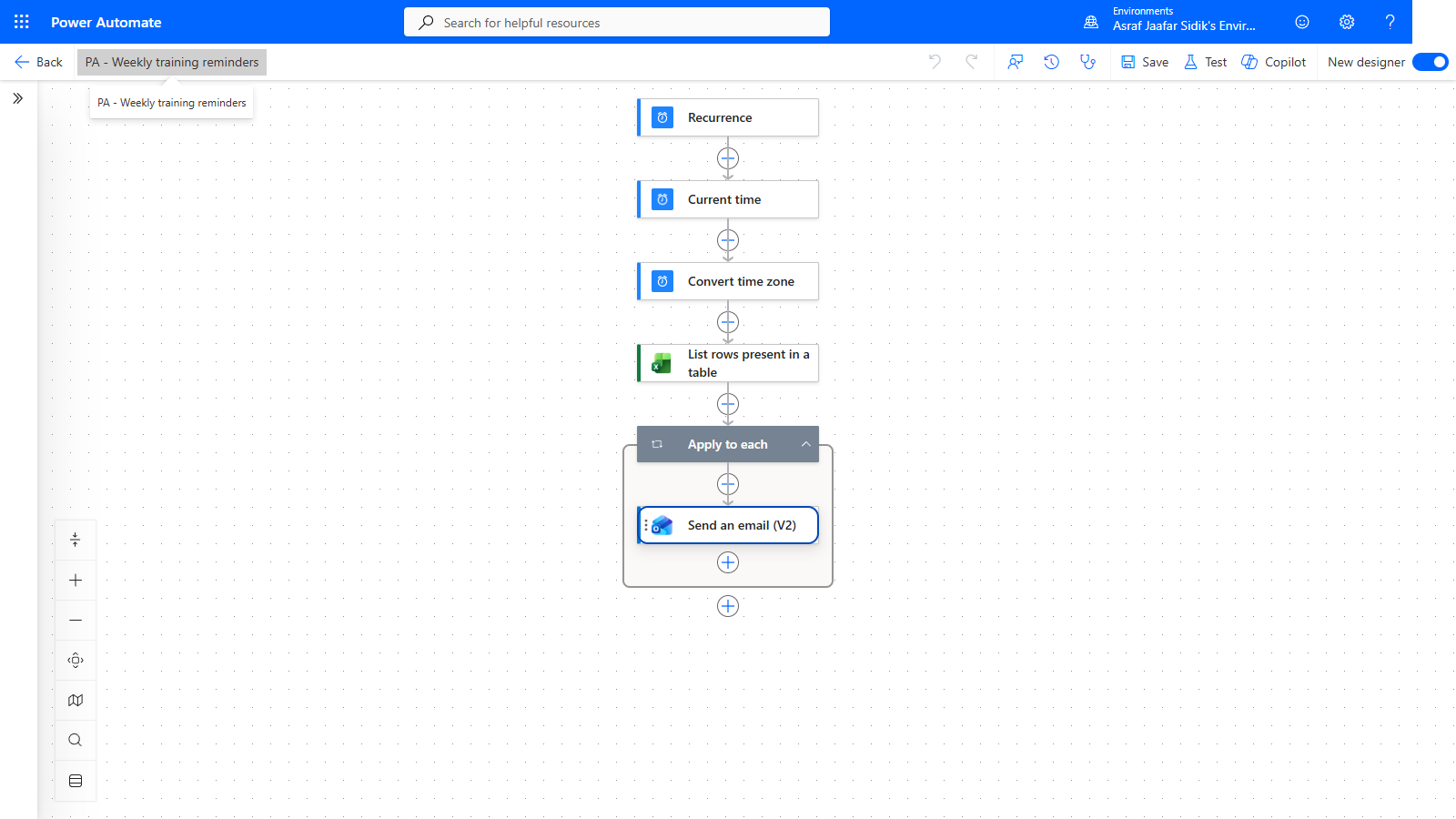 The complete saved flow with five top-level steps and the email inside Apply to each