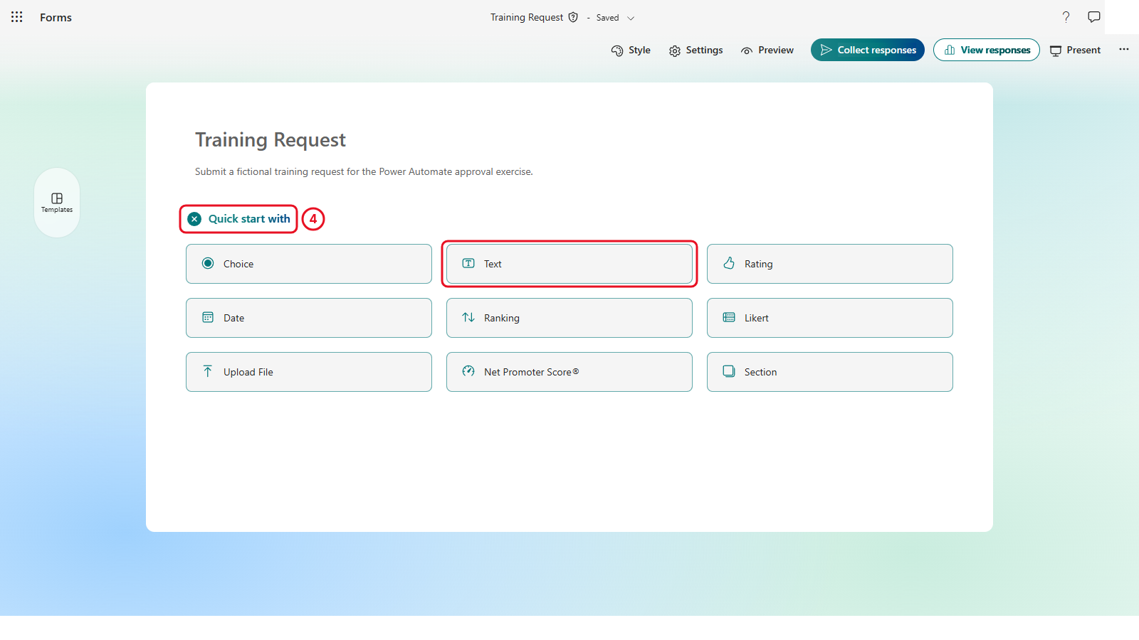 Quick start with selected, showing the question types with Text boxed