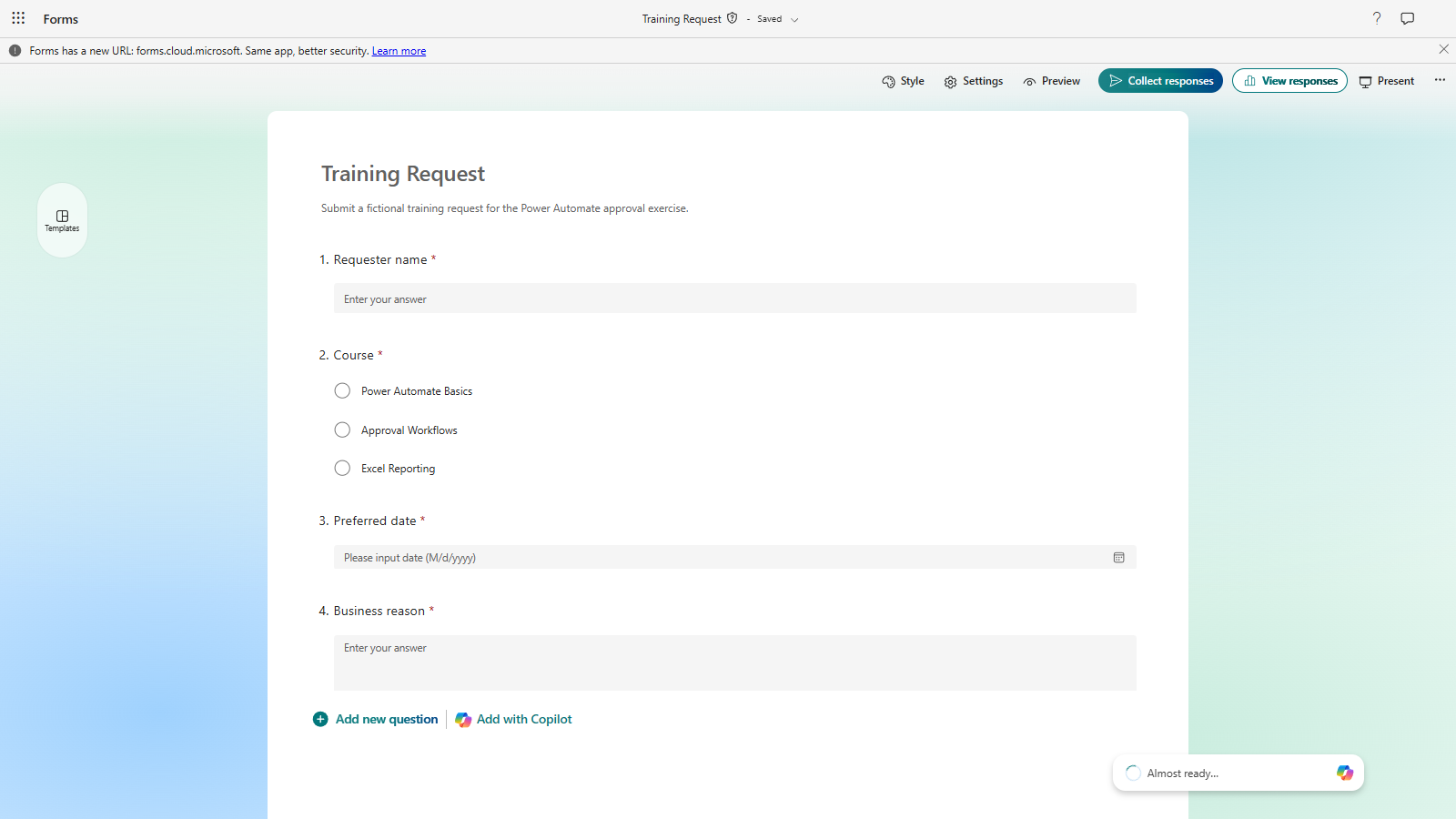 Microsoft Forms editor showing the Training Request form with four required questions
