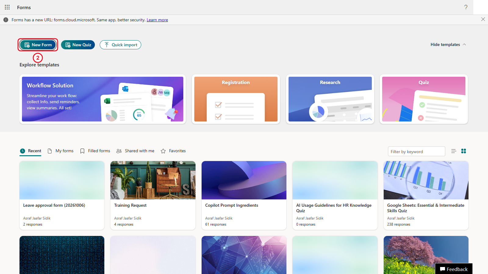 The Forms home page with New Form boxed