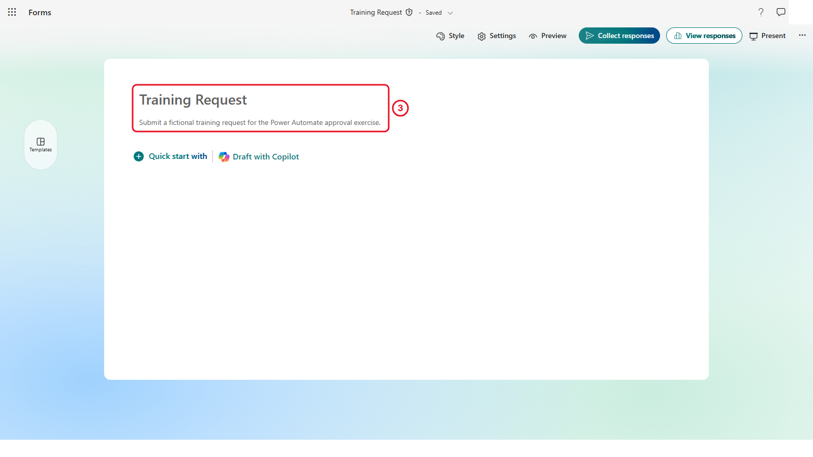 The new form with the title Training Request and the description