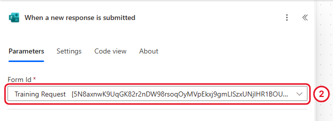 When a new response is submitted trigger with Form Id set to Training Request