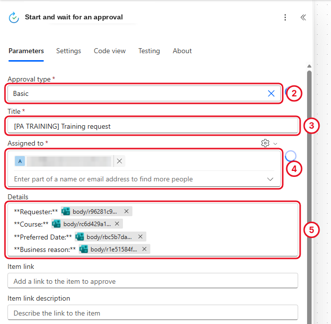 Start and wait for an approval with type, title, assigned to and Details containing the four answers