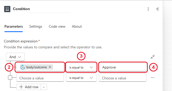 Condition with the Outcome token, is equal to, and Approve