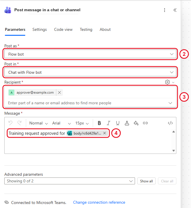 Post message in a chat or channel with Flow bot settings and the approved message
