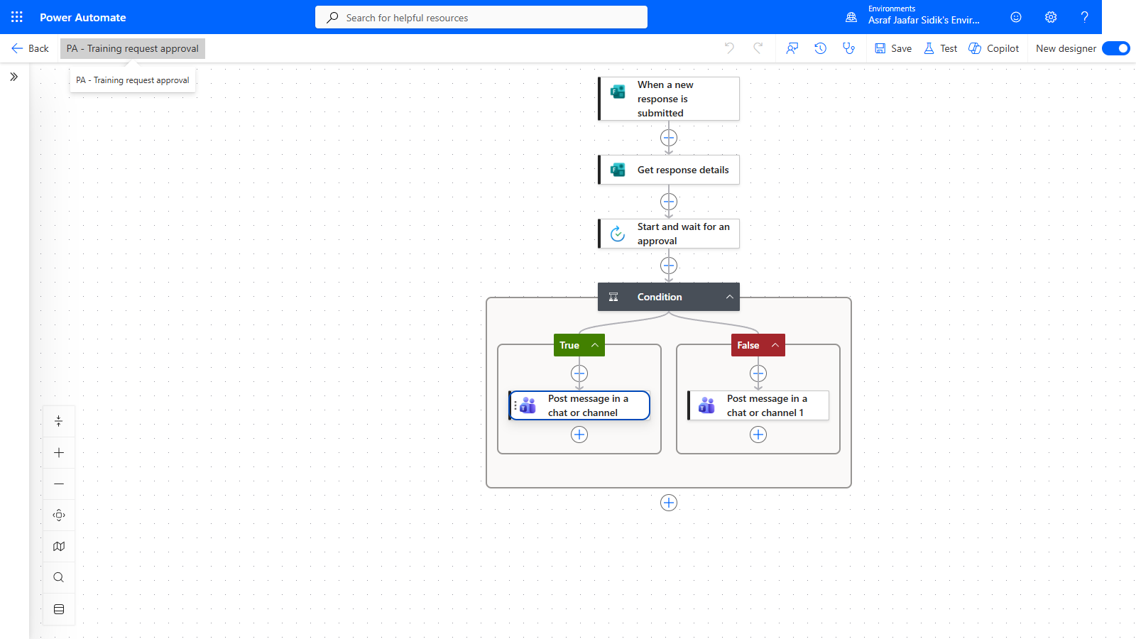 The complete approval flow with a Teams action in each branch of the condition