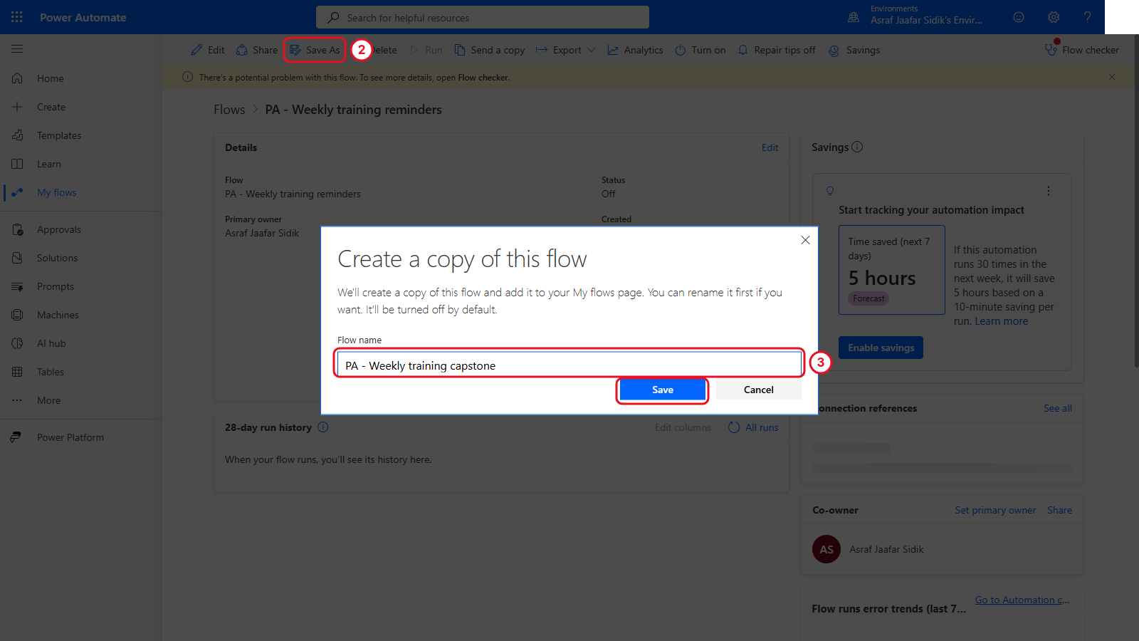 Save As dialog naming the copy PA - Weekly training capstone