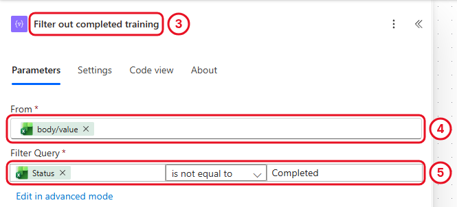 Filter array renamed Filter out completed training with From set to the Excel value list and Status is not equal to Completed