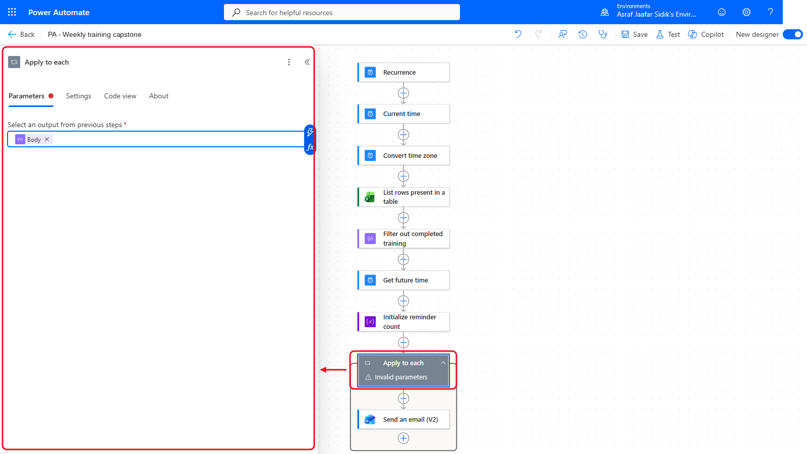Your flow so far after 7.5: the settings panel on the left and the canvas on the right