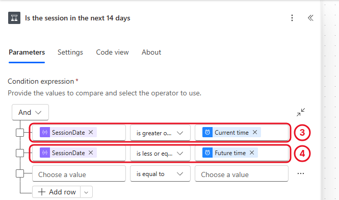 Condition panel with two AND rows comparing SessionDate to Current time and Future time