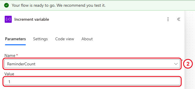 Increment variable with Name ReminderCount and Value 1