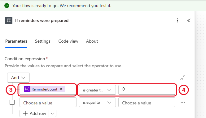 Condition with ReminderCount is greater than 0