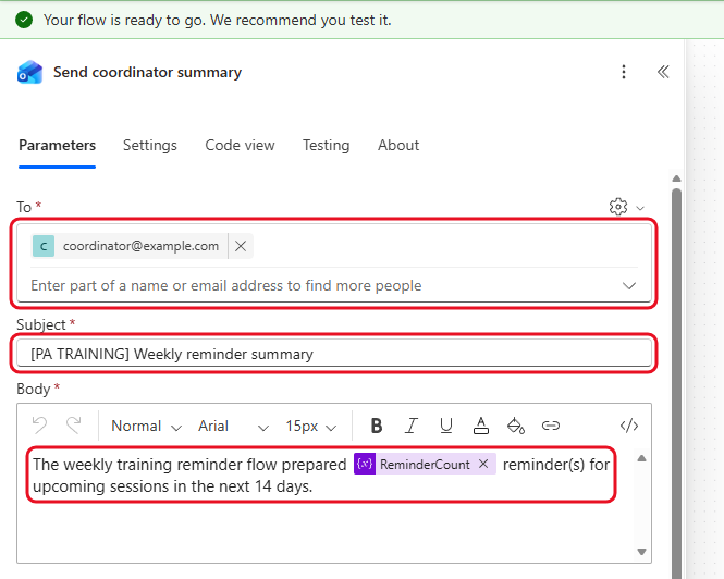 Send coordinator summary with the ReminderCount token in the body
