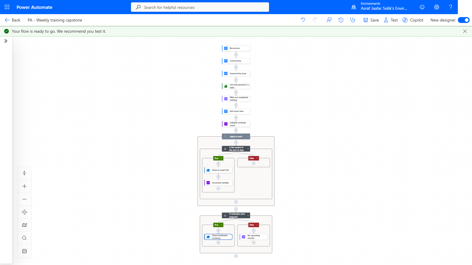 The complete capstone flow zoomed to fit, showing the filter, the loop with its condition, and the final condition with both branches